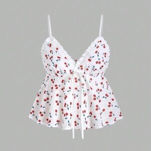 FLORAL WHITE CHERRY PRINT TOP